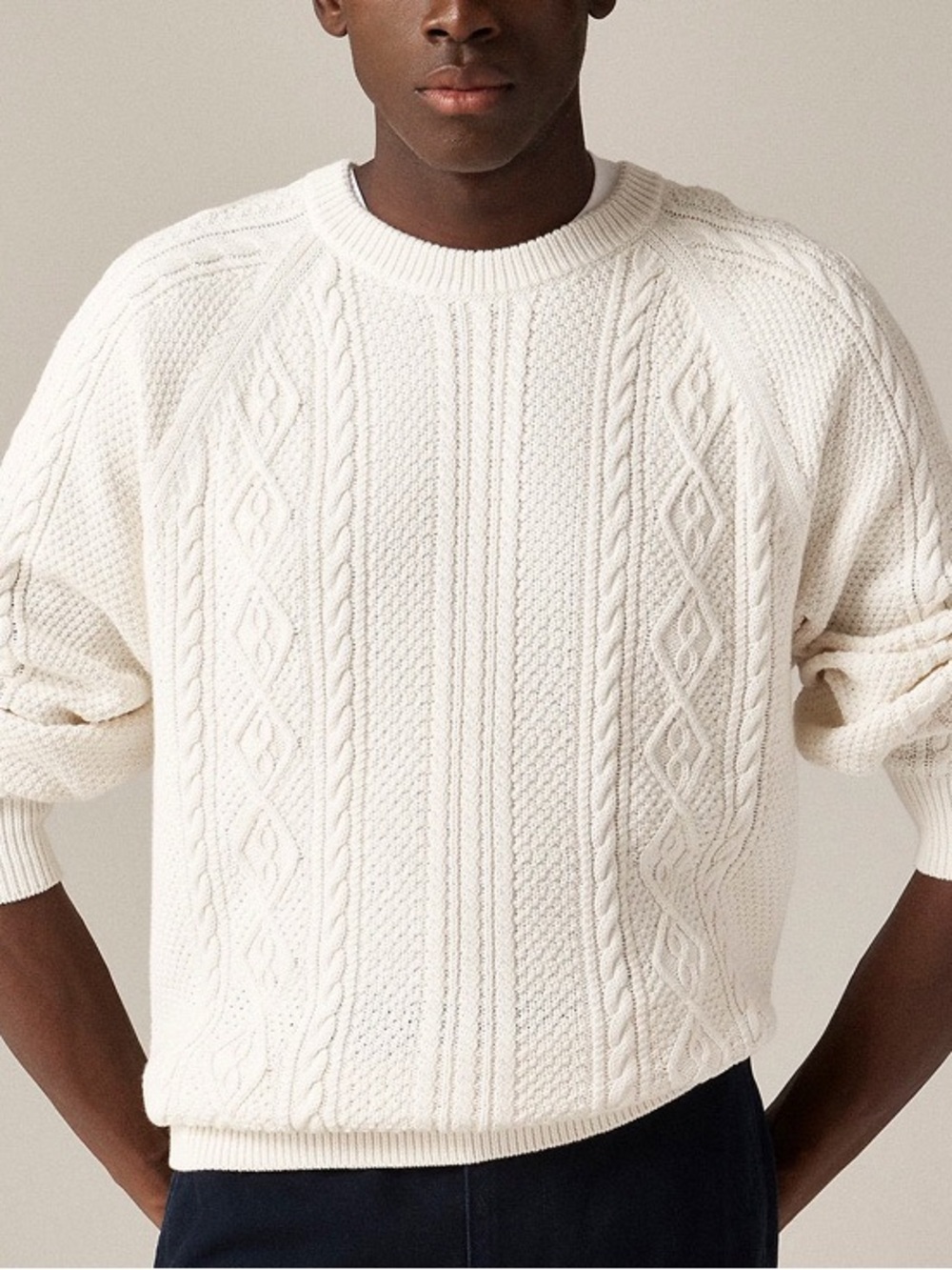 Knit for J.Crew Ivory Cable Knit Sweater 100% Cotton Fisherman Style Size Large